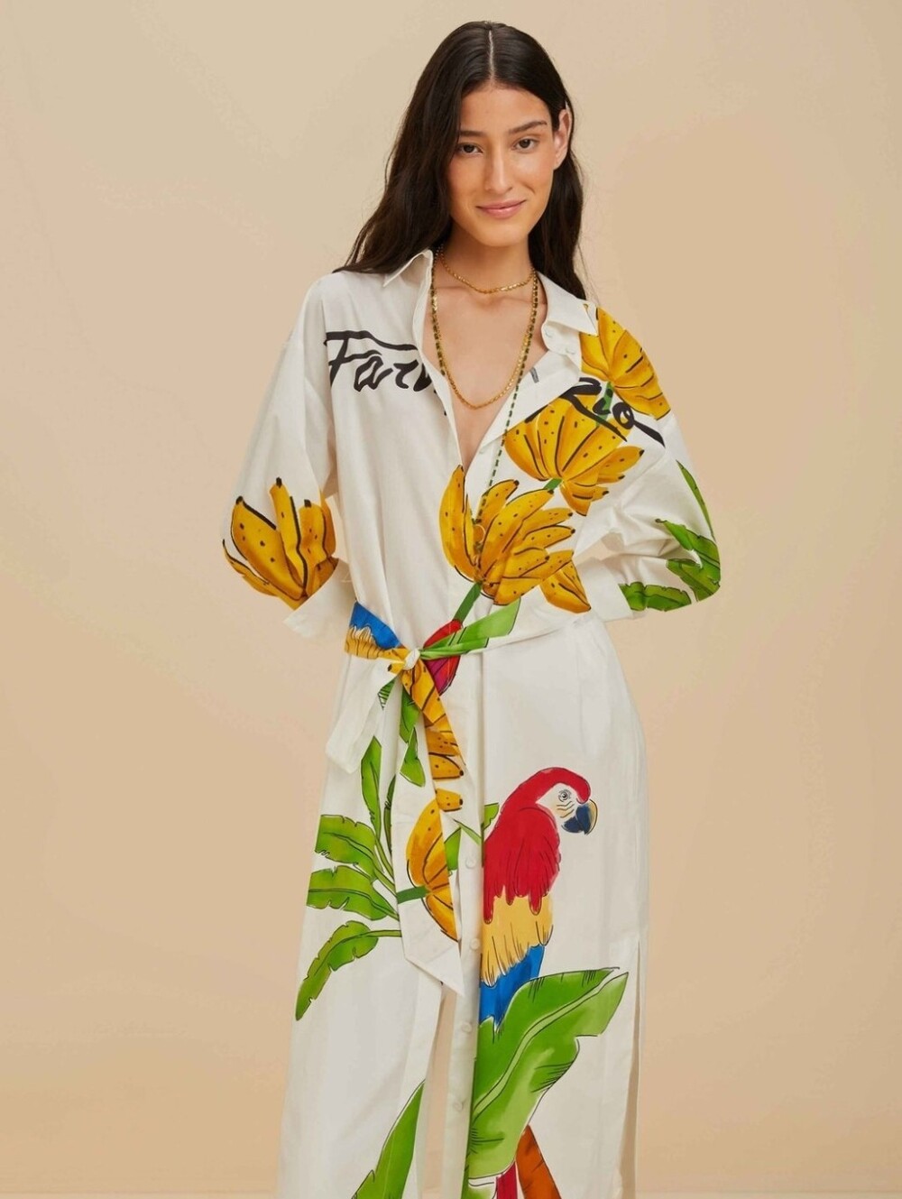 FARM RIO Off-White Tropical Parrot &Banana Organic Cotton Chemise Midi Dress NWT - Picture 2 of 7